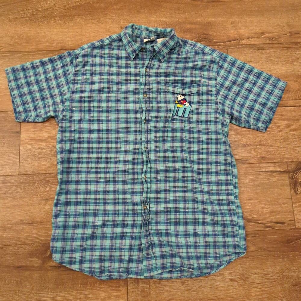 VTG Disney Mickey Mouse Men's Medium Button‎ Up Shirt Plaid Gingham Disneyland